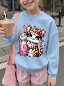 1PC Girl Sweet And Cute Style Cartoon Leopard Cat Print Crew Neck Sweatshirt, Soft And Comfortable, Spring Autumn Daily School Wear - Blue - View 1