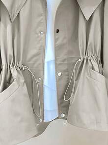 1pc Solid Color Woven Fabric Drawstring Pocket Front Button Trench Coat, Casual Spring/Autumn - Beige - View 4