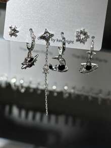 哥特风红色水晶星星耳环套装，男女皆宜，复古美学心形五角星吊坠耳环，Y2K珠宝配饰，女士日常派对装饰，时尚珠宝，闺蜜礼物（随机卡片） - 槍黑色 - 查看 13