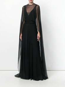 Chiffon Cape For Women Sheer Mesh Shawl Wraps Asymmetrical Flowy Capelets For Evening Dress Crop Cover Up Poncho - 黑色 - 查看 1