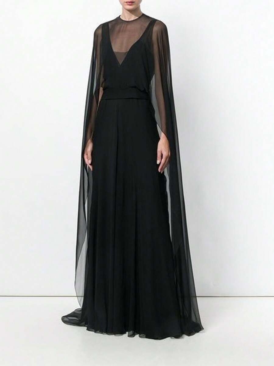 Chiffon Cape For Women Sheer Mesh Shawl Wraps Asymmetrical Flowy Capelets For Evening Dress Crop Cover Up Poncho - 黑色 - 查看 1