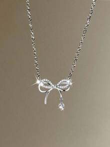 Stylish Rhinestone Bowknot Pendant Necklace, Delicate Clavicle Chain, Minimalist Design, Versatile Jewelry Gift For Her, Valentine's Day Present,Mom,Mother,Mother's Day,Gift - 銀級 2 - 查看 1