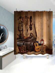 1/4 Pcs Denim Guitar Print Bathroom Set, Waterproof Shower Curtain With Hooks, Non-Slip Bath Mat, U-Shaped Toilet Mat, Toilet Lid Cover, Bathroom Accessories, Musical Art Decor