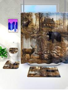 4-Piece Bear & Deer Scenic Decor Bathroom Set, Waterproof Shower Curtain With 12 Hooks, Non-Slip Bath Mat, U-Shaped Toilet Mat, Toilet Lid Cover, Bathroom Decor