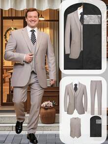 Men's Plus-Size Suit Set, Slim Fit Formal Suit With Vest & Pants, Includes Garment Bag, Ideal For Business, Wedding, Prom - Màu be - Xem 1