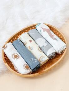 5条装薄纱婴儿围兜 60*60cm 柔软竹纤维拍嗝巾，婴儿面巾方形手帕，男女宝宝通用洗脸巾 - 彩色 - 查看 16