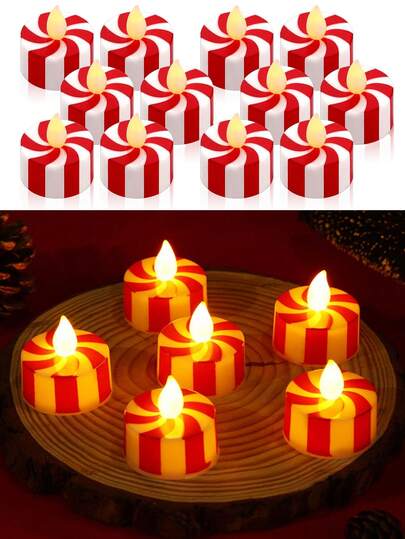 12 Stück Weihnachts-Teelichter, LED flackernde Teelichter, gestreifte Zuckerstangen in Grün und Rot, warmes gelbes Teelicht Votivkerzen für Weihnachtspartys, Hochzeiten, Geburtstage, Heimdekoration, Weihnachts- und Neujahrsdekoration, Weihnachtsgeschenke