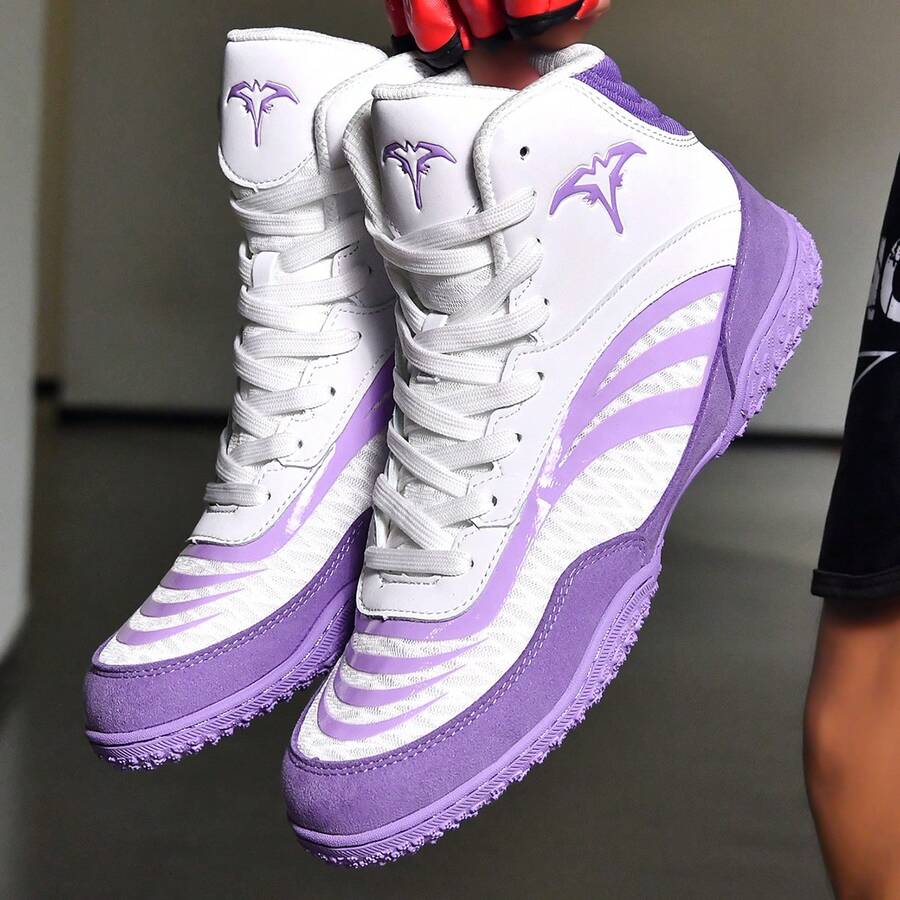 Sapatos de luta livre masculinos, sapatos de boxe de combate de cano médio, sapatos de treinamento, botas de kickboxing, sapatos de artes marciais fitness, sapatos esportivos profissionais masculinos de alta qualidade, suporte de tornozelo respirável, confortável, antiderrapante, durável, sola texturizada - Branco Roxo - Ver 1