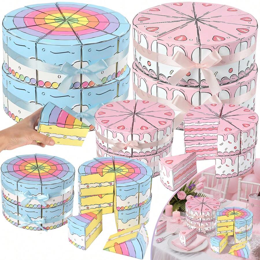10/20 Piezas Cajas de regalo con forma de pastel de cumpleaños Cajas de papel triangulares para pasteles Contenedores con cinta Cajas de fiesta de color rosa y azul de dibujos animados para decoración de mesa, regalos de boda, baby shower y fiestas de cumpleaños