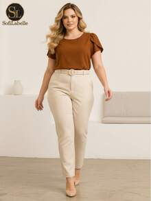 Women's Plus Size Blouse, Short Sleeve, Elegant – Plain Duna Fabric, Social GG, G1, G2, G3, Summer, Work - 駝色 - 查看 6