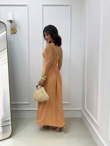 Long Dress With Double Straps And Ruched Detail On The Bust - 駝色 - 查看 4