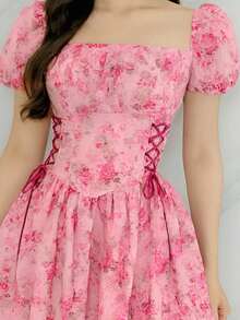 VESTIDO LARGO FLORAL, CON LISTONES DE LOS COSTADOS; PECHO FRUNCIDO MANGA FAROL, BOHEMIO, LINDO CUTE - Rosa - Ver 2