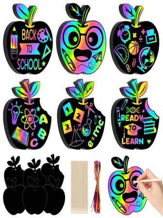 35-Piece Magic Scratch Art Set, Including 24 Scratch Cards, 8 Bamboo Pens, 3 Pieces Of 3m Long Red Ribbons, Paper Scratch Art Craft Kit, Fruit Apple Magic Color Art Party Small Gifts, School Classroom Thanksgiving Activity DIY Project Drawing Paper