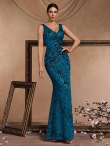 BluePlum Đầm dạ hội cao cấp, sang trọng, co giãn, đính sequin, cổ chữ V, xẻ cao, đuôi cá, thiết kế hở lưng tinh tế, phù hợp cho tiệc cocktail, đám cưới, các dịp trang trọng, đầm dành cho mẹ cô dâu (đính kết rất cầu kỳ) mùa xuân - Màu xanh ngọc - Xem 6