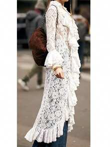 Women Lace Mesh Flowy Maxi Top Tie Front Kimono Cardigan Sheer Long Sleeve Ruffled Lace Duster Layering Shirt Cover Up - White - View 5