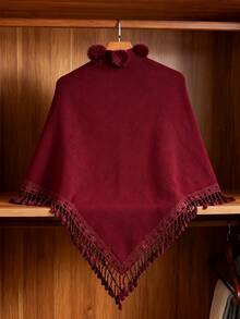 （不含别针）1件装女士春夏仿兔毛绒球蕾丝三角披肩，轻盈透气针织斗篷披肩，通勤百搭，理想的情人节礼物 - 紅色 - 查看 3