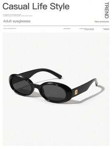 1 件复古经典小框椭圆形女士眼镜，高端个性化街头风格百搭时尚眼镜椭圆形太阳镜 - 黑色 - 查看 4