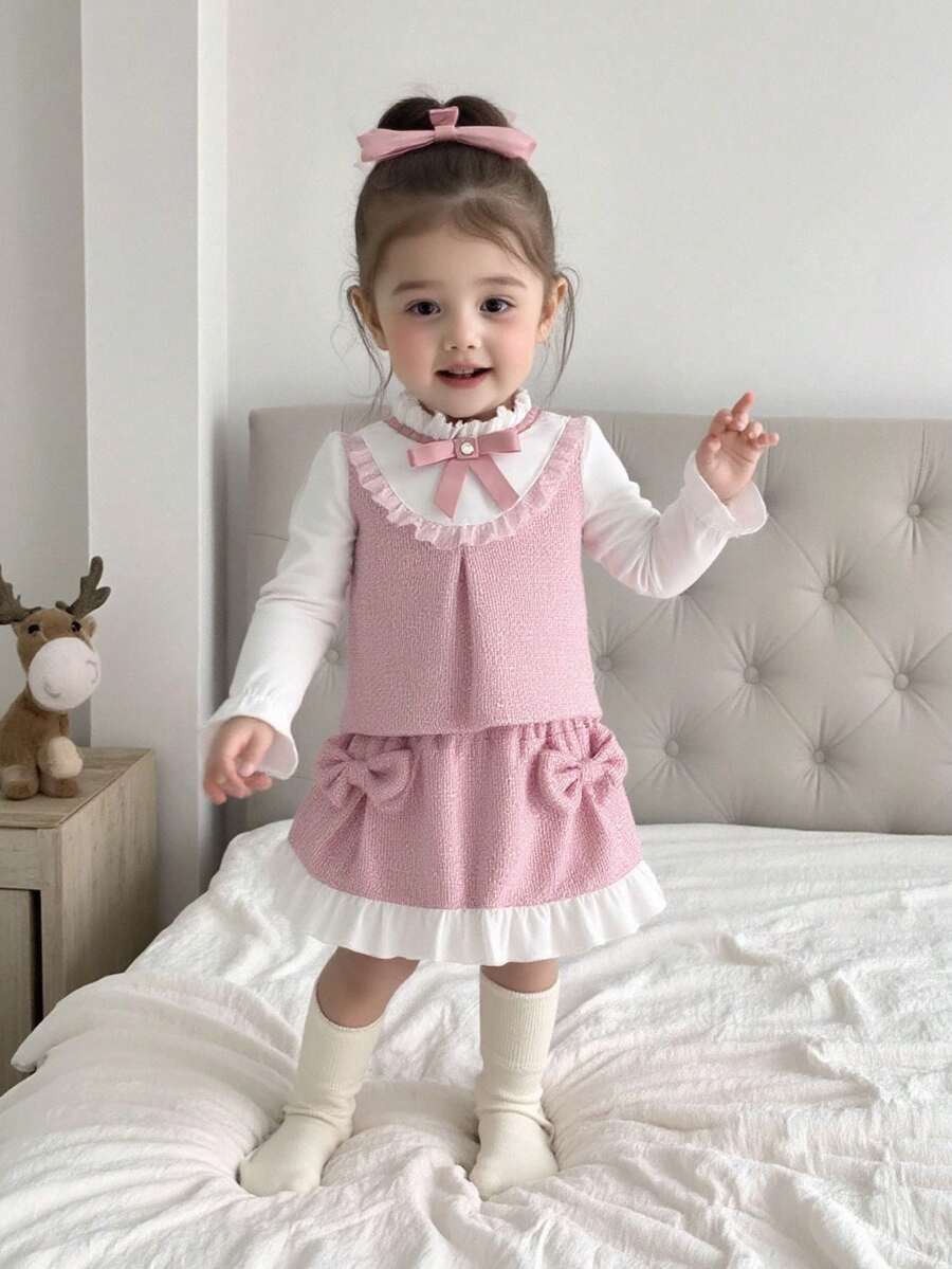 2pcs Baby Girls' Fashion Cute Casual Set - Bow Decor Mock Neck Top + Bow Pleated Skirt, Pink