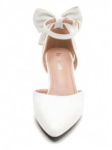 MAIERNISI JESSI Women's Wedding Evening Party Bow Kitten Heels Pumps Ankle Strap Buckle Dress Shoes - 白色霧面 - 查看 3