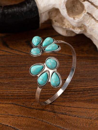 1 Pc Blue Turquoise Acrylic Beads Decor Western Cowgirl Style Cuff Bangle Bracelet Turquoise Jewelry