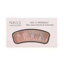 24pcs Geometric V-French Fake Nails, Nude Pink Base With 3D Acrylic Flower, Chunky Glitter & Pearl Detail, Glossy Square Press-On Nail Kit With Jelly Glue - 粉 - 查看 6