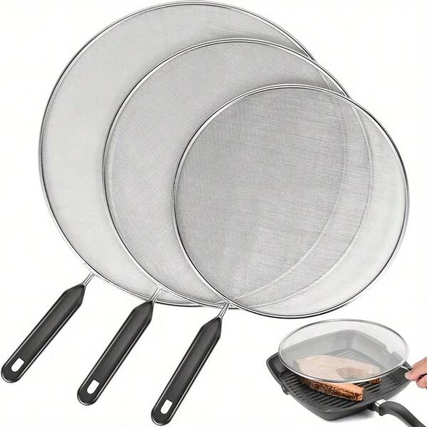 3pcs Stainless Steel Mesh Splatter Screen With Handle, Heat Resistant, Sizes: 9.8 Inches, 11.4 Inches, 13 Inches, Suitable For Frying Pan Cooking To Prevent Oil Splashing