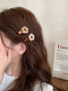 2pcs Women Flower Decor Sweet Style Hair Clip Cute Valentine's Day Summer Claw Clips Hair Claws Hair Barrettes, School Stuff, Vacation Outfits Woman, Hair Accerssories - Cà phê - Xem 6