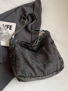 1pc Casual Retro Dark Grey Fabric Tote Bag, Large Capacity Multi-Pocket Shoulder Messenger Bag, Fashionable Unisex Zipper Closure Belt Buckle Stitching Fabric Handbag