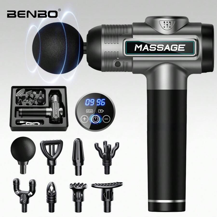 BENBO按摩枪，缓解肌肉疼痛，配备液晶显示屏，附赠8个按摩头，灰色和绿色可选。适用于办公室、健身房、家庭、旅行、圣诞节、新年、感恩节等场合，也是馈赠亲朋好友的绝佳礼物。
