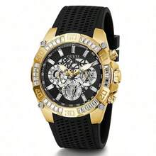 Guess Luxuriöse Herren Mode Drei-Augen Multifunktions Diamant-besetzte Skelett Zifferblatt Silikon Armband Quarz Uhr GW0333G2