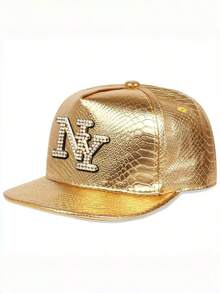 A Men's Hat With The Letters NY And Diamond-Studded Imitation Crocodile Pattern Flat-Brimmed Hat, Fashionable And Versatile Baseball Cap, Rock Dance Hip-Hop Hat, Women's Charming Street Hat, Unisex, Adjustable Head Circumference, Suitable For Daily Use