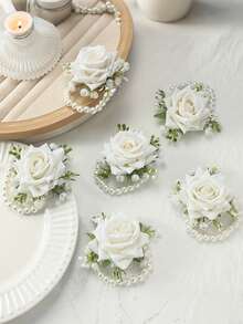  4/6pcs Elegant White Rose Wrist Corsages With White Gypsophila And Faux Pearl Chains, Beautiful Floral Decorations With Green Leaves, Durable And Comfortable To Wear, Perfect Wedding Accessories For Bride, Bridesmaids, Mother-In-Law, And Guests, Ideal For Prom, Anniversary, Dinner Dance, Engagement, Or Formal Events, Romantic Party Favors And Elegant Gift Choice For Women Girls Valentine's Day Accessories