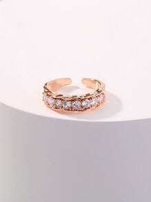 Nooxian 1pc Rose Gold Color Rhinestone Decor Openable Chain Copper Ring, Engagement Rings For Women