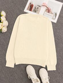 新款秋冬女式简约可爱圆领长袖柔软针织套头毛衣，浅蓝色圆领腊肠犬图案针织毛衣，饰有可爱腊肠犬图案的蓝色针织毛衣，撞色复古卡通图案 - 杏色 - 查看 5