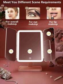 这款LED三折化妆镜具备3倍/2倍放大功能、触控操作、70颗LED灯珠、亮度可调、USB/电池供电、底部储物托盘，以及适合旅行和居家使用的三折设计。它是专业化妆、商务旅行、暑假度假、新娘妆容准备的理想之选，也是圣诞节、情人节、母亲节、感恩节和毕业季等节日送给女士的完美礼物。