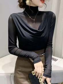 Áo thun dài tay lưới thời trang, tạo hiệu ứng thon gọn, màu đen casual mùa thu/đông. - màu đen - Xem 3