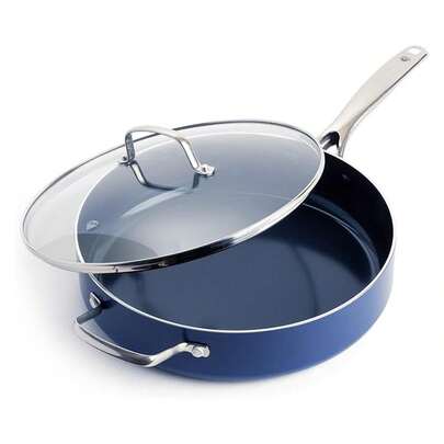 5QT Saute Pan With Lid,-Free Diamond Ceramic Nonstick, Dishwasher & Oven, Metal Utensil, Deep Jumbo Cooker Skillet With Helper Handle, Glass Lid, Blue,NBIHNVF