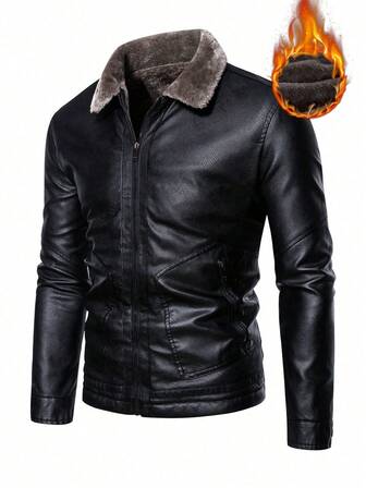 เสื้อแจ็คเก็ตซิปอัพบุผ้าสำลีและแผงหนัง PU สีพื้นสำหรับผู้ชาย, แขนยาวสำหรับฤดูหนาว, กรันจ์