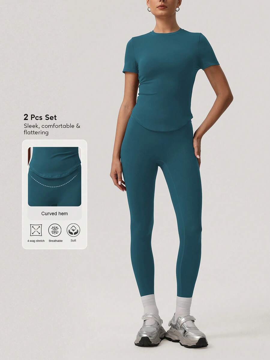 Sodalemon Women Sport Sets Solid Color T-Shirt No Front Seam Classic Design Yoga Leggings Outdoor Run Training Fitness Set - 寶藍色 - 查看 1