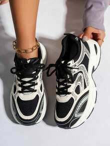 2025 Autumn 2024 Spring/Summer New Thick Sole Soft Leather Platform Chunky Sneakers, Women Mesh Breathable Running Shoes Casual Sport Shoes - 黑色 - 查看 2