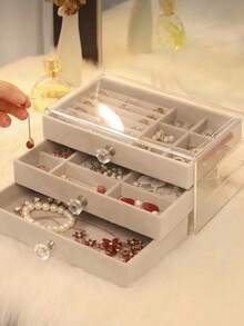 Elegant And Gorgeous Velvet Three-Layer Jewelry Storage Box With Drawers Jewelry Display Stand With Diamond Handle Rectangular Desktop Display Box Travel Portable Waterproof Dustproof Easy To Clean Plastic Earring Stand Suitable For Home Decoration Girls Dormitory Suitable For Halloween And Christmas Gifts