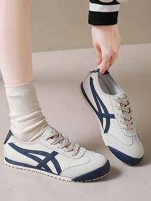 女士多功能时尚休闲鞋，平底系带圆头橡胶底休闲运动鞋，黑卡其色拼接，日常百搭鞋款，尺码36-41，时尚护趾鞋