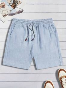 Shorts Linho  Passeio Casual Moda Versátil Cintura Ajustável Varias Cores - Azul bebê - Visão 4