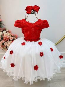Vestido Infantil Vermelho e Off C/ Apliques na Saia Festas Casamentos Formaturas - Vermelho - Visão 2