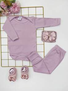 4 Piece Set: Long Sleeve Bodysuit With Booties, Hairband And Ribbed Knit Pants / Baby Girl Set With Booties And Pink Hair Bow - 乾枯玫瑰色 - 查看 1