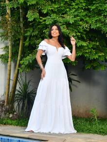 Long Off-The-Shoulder Dress With Ruffles, V-Neckline, And Charming Sleeves - White - View 5