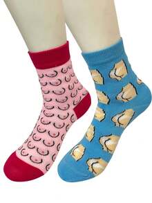 2 Pairs Blue Funny Socks, Cartoon Breathable Mid-Calf Socks, Unique Design For Women, Autumn/Winter