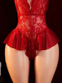 Sexy Lingerie, Open Crotch Design, Lace Skeleton Jumpsuit, Elegant Women's Jumpsuit, Bed Seduction Clothes, Passion Robe Fashionable Deep V Semi Transparent Sexy Ruffle Edge Jumpsuit - Red - View 5
