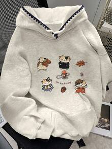 Sudadera con capucha de mujer con bordado de unicolor y estampado de gato, manga larga, otoño/invierno