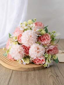 MEHELANY 1束粉色仿真牡丹花束，仿牡丹，丝质仿真菊花花束，适合作为女士礼物、家居装饰、生日派对中心摆设、桌面摆件、花瓶插花、室内外节日派对装饰、DIY新娘捧花、婚礼仿真花卉装饰 - 粉色 - 查看 3